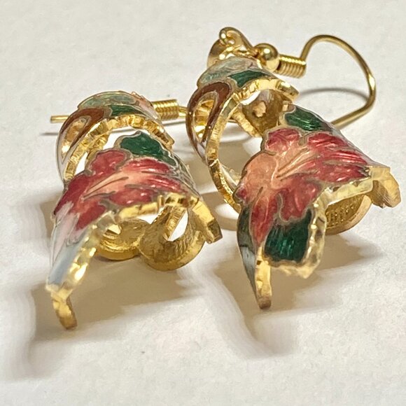Vintage Cloisonne Hibiscus Flower Earrings Hawaiian Red Floral Enamel Gold Tone - Picture 5 of 11